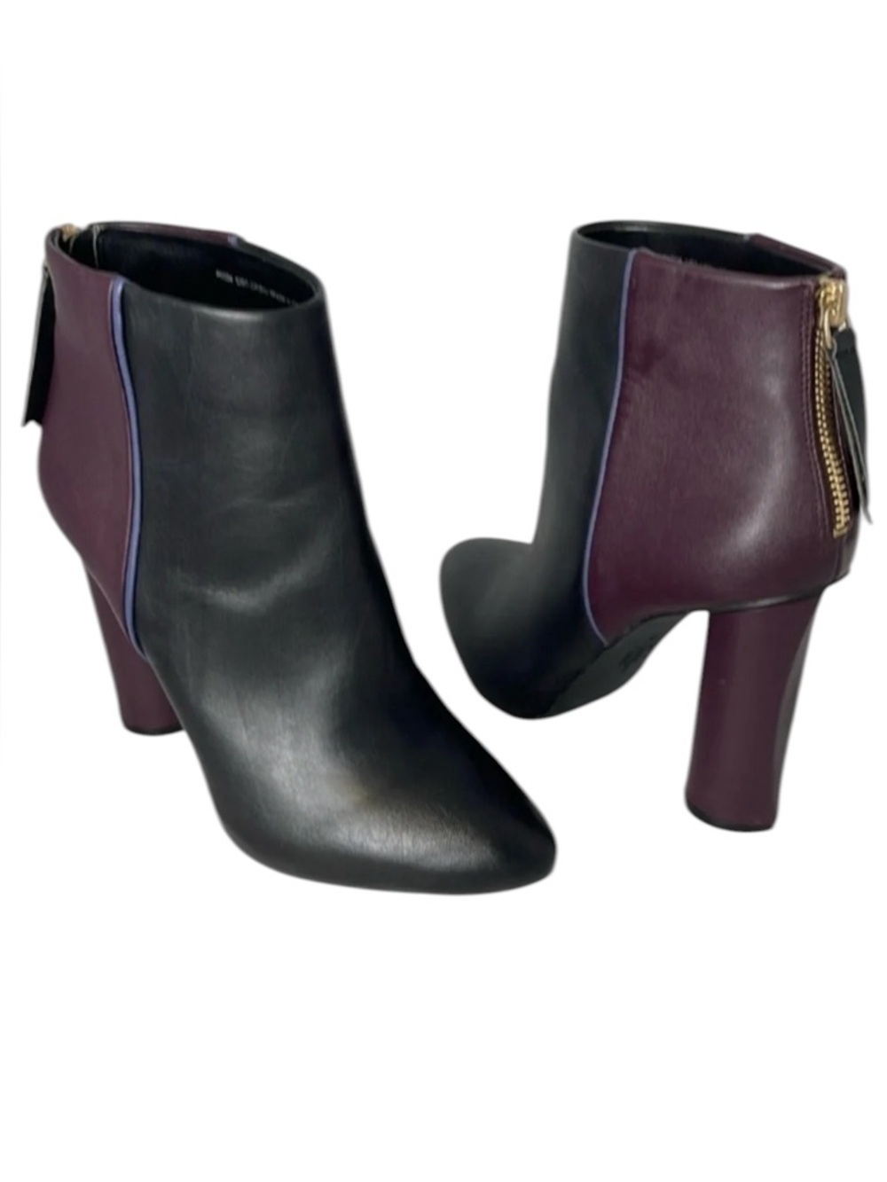 CABI Bissett Leather Colorblock Boots Black Mulberry Periwinkle Heels Zip Size 7
